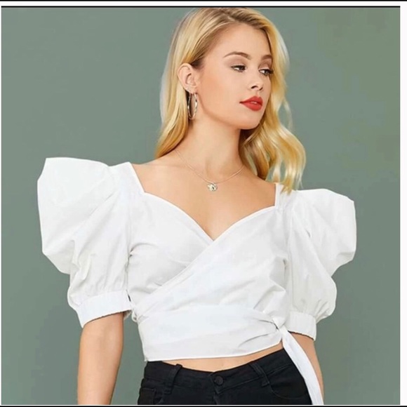 SHEIN Tops - Puff sleeve wrap belted crop blouse